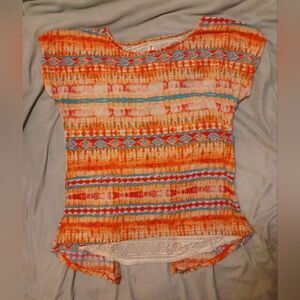 B & B BOUTIQUE Orange Cream Blue Geometric Pattern Top Peekaboo Back Women Large
